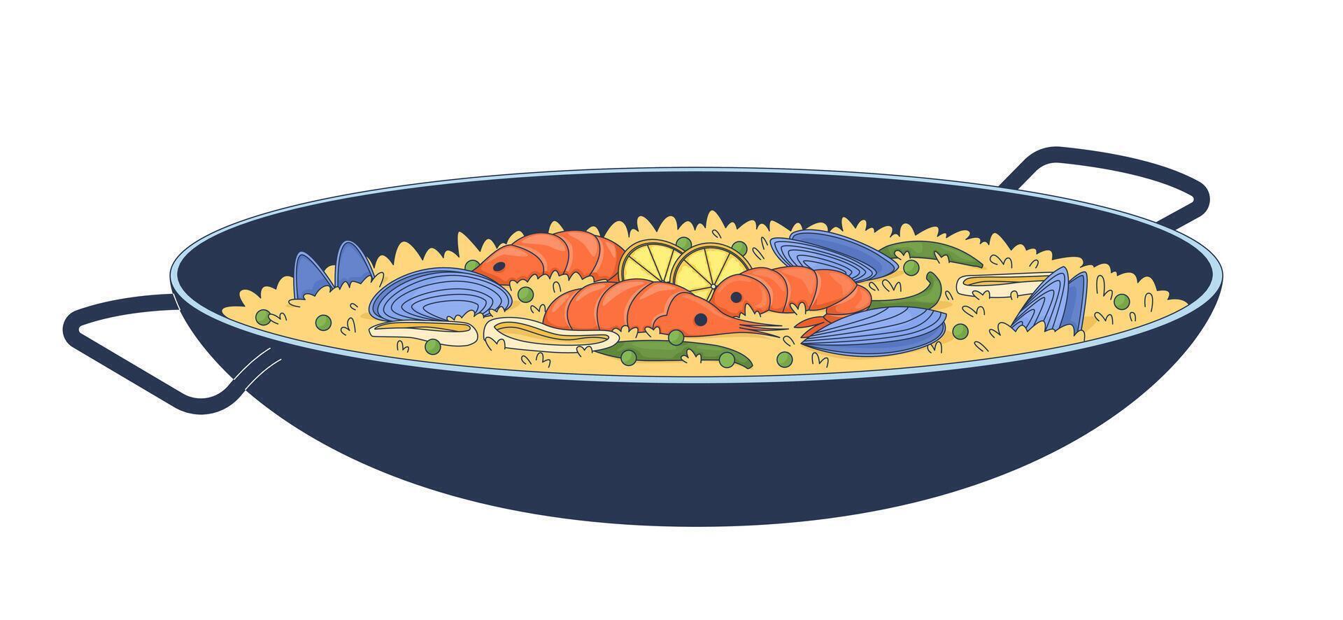 Traditional paella with seafood and peas 2D cartoon object. Saffron rice with shrimp, mussels, squid rings in pot. Spanish dish isolated element flat clip art on white. Spot illustration vector