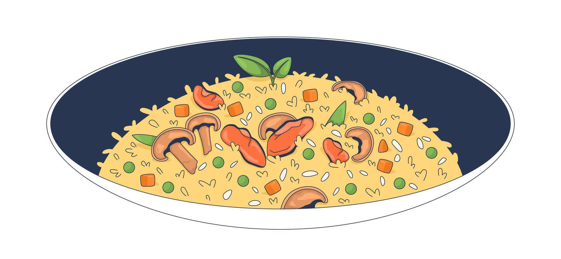 Vegetable fried rice with mushrooms and mussels 2D cartoon object. Stir fry plated dish with carrots, peas and herbs. Cooked meal isolated element flat clip art on white. Spot illustration vector
