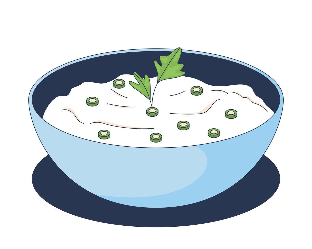Yogurt garnished with herbal sprig and chopped scallions in bowl 2D cartoon object. Healthy probiotic creamy dairy product with herbs isolated element flat clip art on white. Spot illustration vector