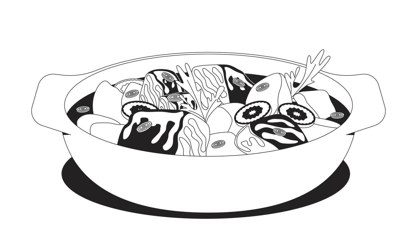 Hearty stew with vegetables and meat chunks 2D line object. Comfort food with potatoes, carrots and fresh herbs in ceramic bowl isolated clipart ink outline item. Monochrome spot illustration vector