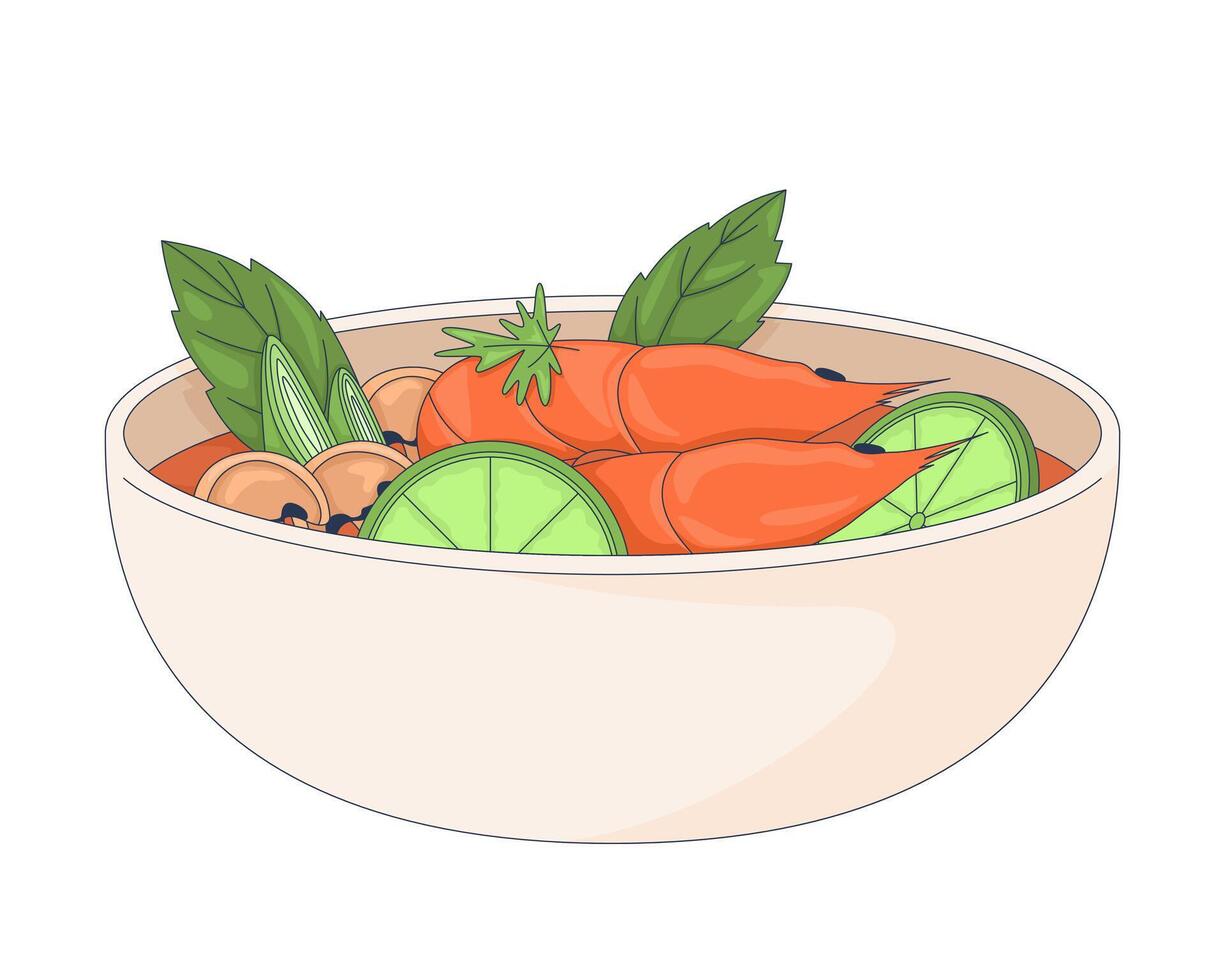 Shrimp soup bowl with lime and herbs 2D cartoon object. Savory seafood spicy broth with whole prawns, vegetables, mushrooms. Tom yum isolated element flat clip art on white. Spot illustration vector