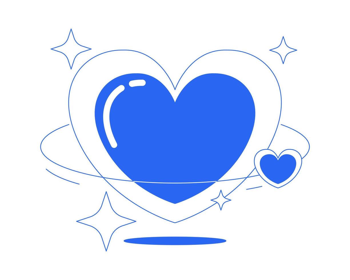 Y2K love planet line onboarding ui illustration. Floating heart with orbiting sparkling stars. 2000s futuristic dreamy retro romance outline 2D concept isolated. Ink linear metaphor art vector