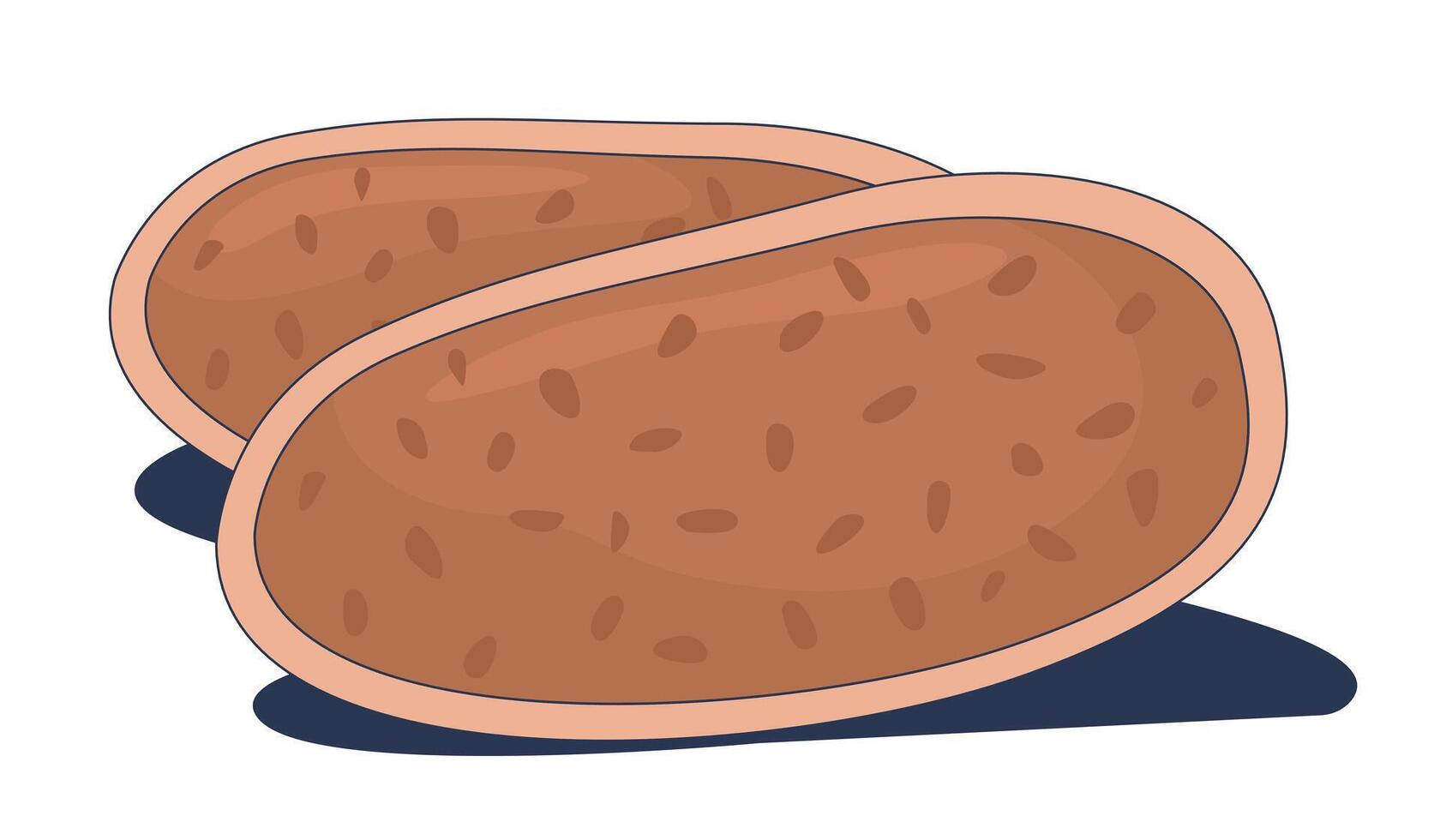 Whole grain bread slices 2D cartoon object. Wheat crust, rustic sliced loaf. Fresh baking food. Artisan nutrition. Bakery product isolated element flat clip art on white. Spot illustration vector