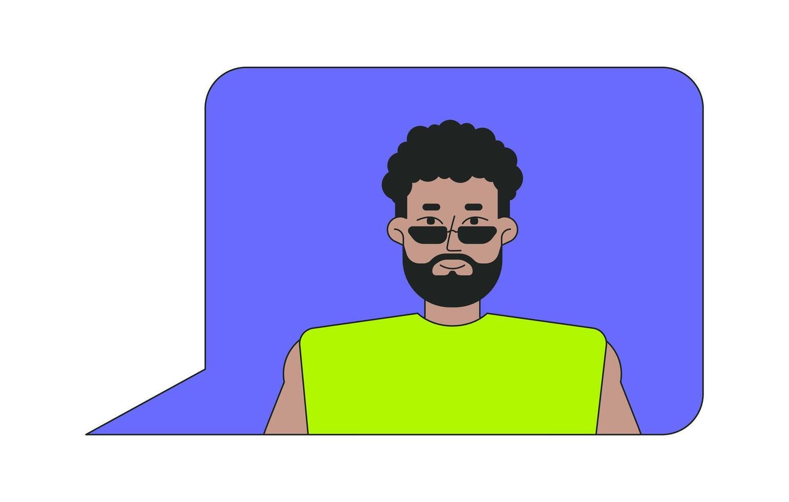 Beard black man avatar with sunglasses inside speech bubble 2D cartoon character. Internet profile. Social media. Online communication flat person isolated on white. Spot illustration colorful vector