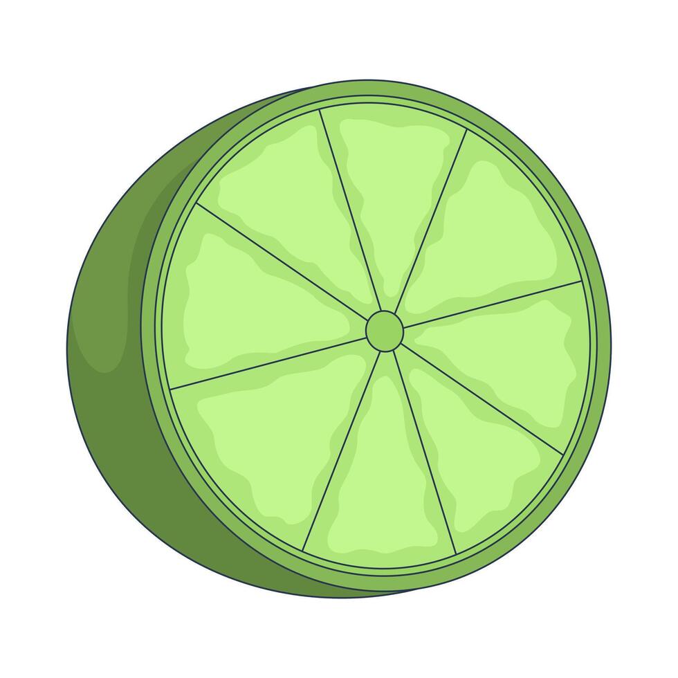 Fresh green lime half 2D cartoon object. Halved citrus fruit tropical. Tangy flavor. Cooking ingredient. Vitamin C. Healthy garnish isolated element flat clip art on white. Spot illustration vector