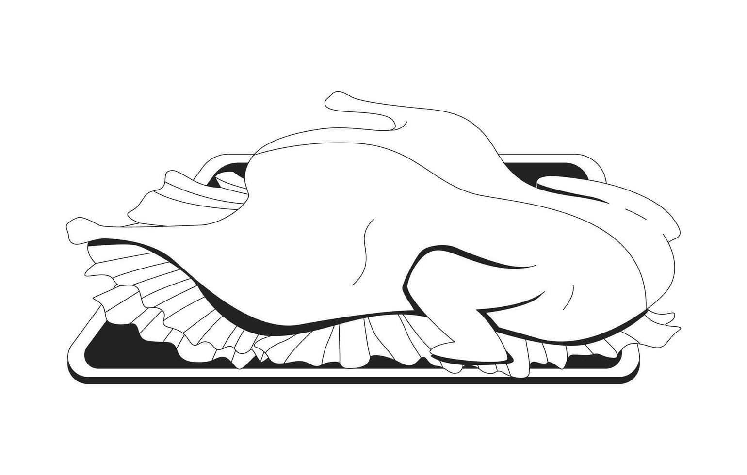 Roasted whole chicken on lettuce garnish atop serving tray 2D line object. Thanksgiving food. Dinner centerpiece. Cooked poultry isolated clipart ink outline item. Monochrome spot illustration vector
