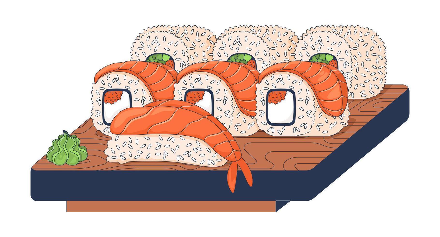 Mixed sushi platter on wooden tray 2D cartoon object. Shrimp nigiri, sushi rolls with salmon slices and roe, served with wasabi isolated element flat clip art on white. Spot illustration vector