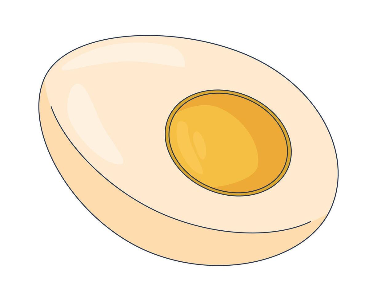 Boiled egg half 2D cartoon object. Protein food slice. Breakfast cooking ingredient. Hardboiled yolk center. Halved cooked egg isolated element flat clip art on white. Spot illustration vector