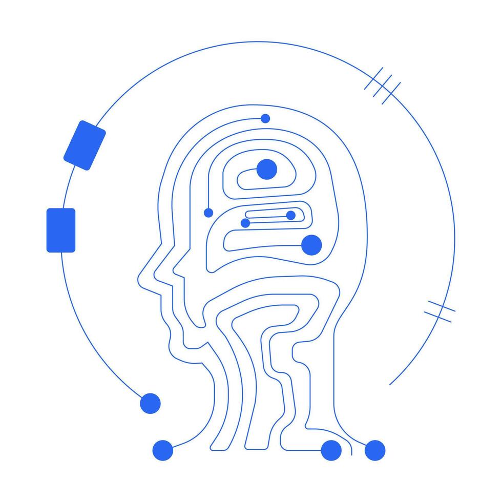 Digital human head circuit line onboarding ui illustration. Artificial intelligence. Machine learning. Neural network technology outline blue 2D concept isolated. Monochrome metaphor art vector