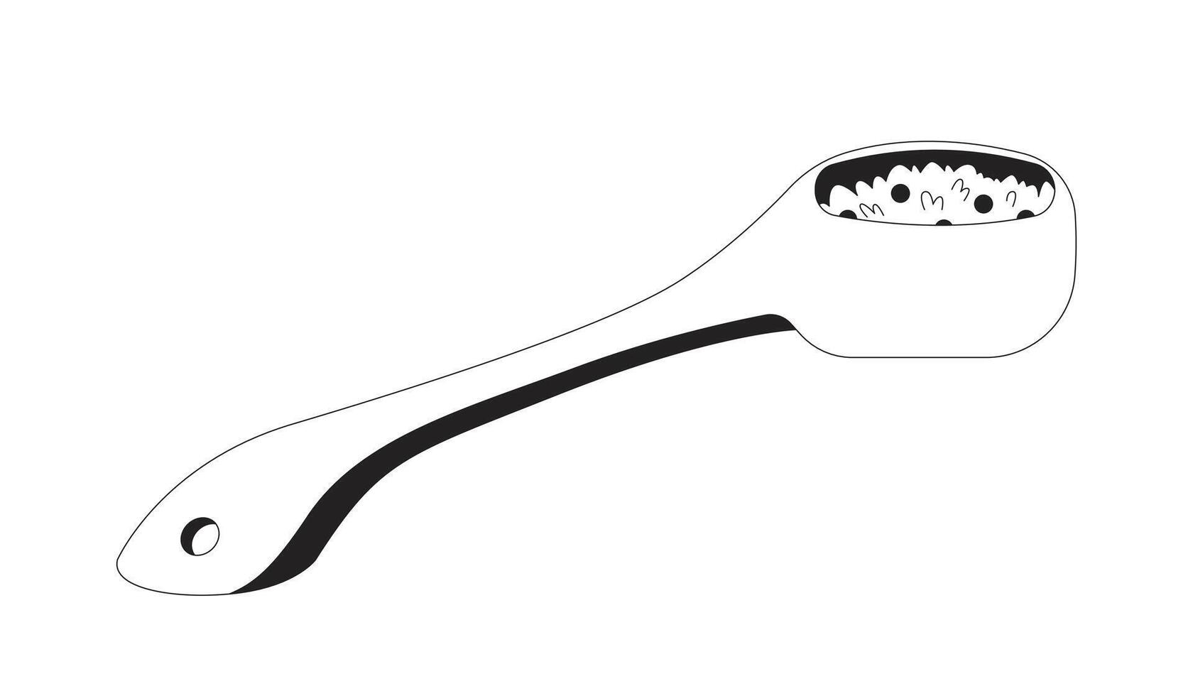 Spoon filled with cooked rice and peas 2D line object. Ceramic ladle with meal portion. Dining tool. Kitchen scoop. Tablespoon isolated clipart ink outline item. Monochrome spot illustration vector