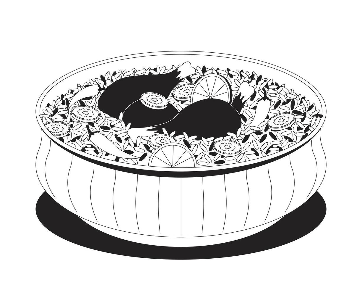 Chicken pulao biryani with lemon, carrot and peppers 2D line object. Basmati rice with chilies and chicken legs. Indian cuisine isolated clipart ink outline item. Monochrome spot illustration vector