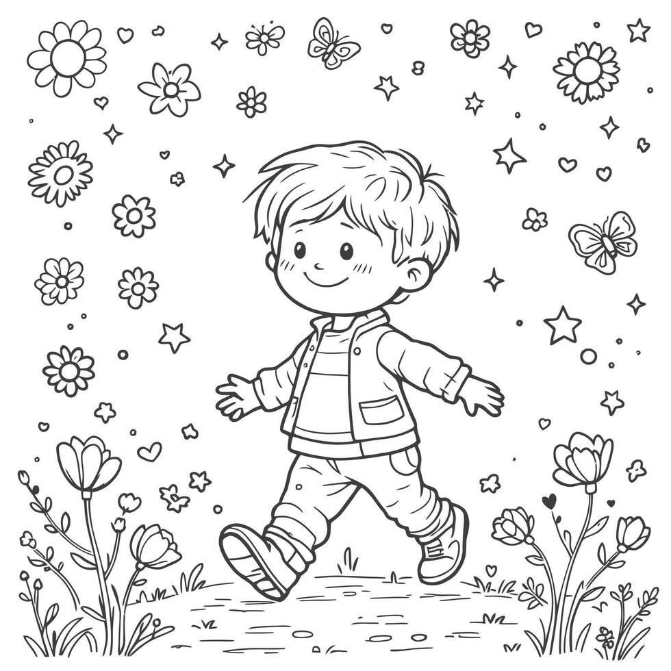 A Boy's Adventure Awaits An Enchanting Coloring Page Filled With Flowers Butterflies and Stars vector