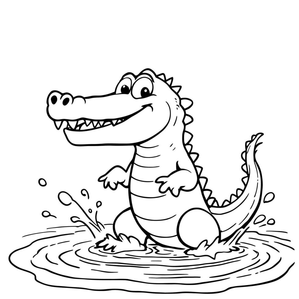 Cartoon Crocodile Splashing in Water A Fun and Easy Coloring Page For Kids vector
