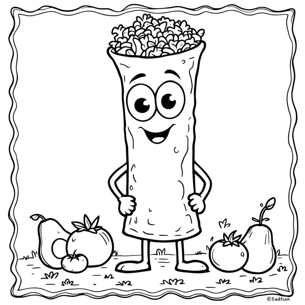 Cartoon Burrito Character With Tomatoes And Pears Coloring Page For Kids And Adults To Enjoy vector