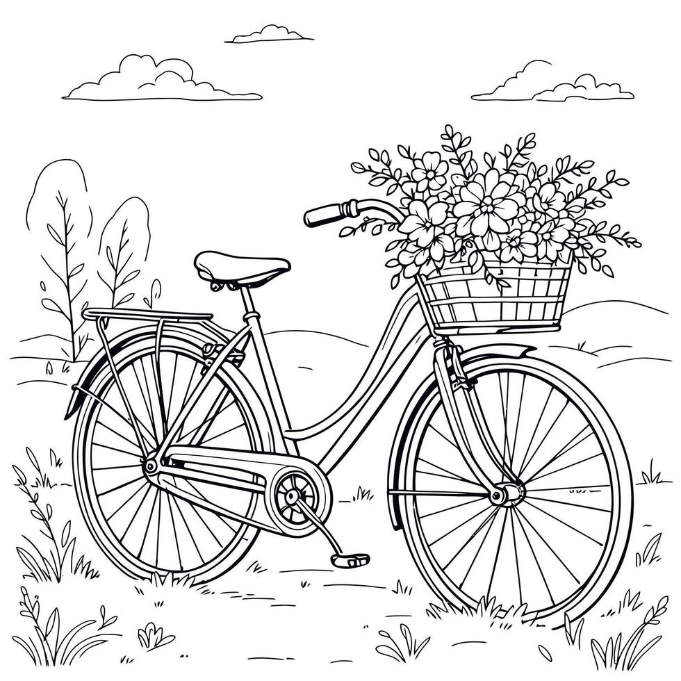Whimsical Bicycle with Flower Basket Coloring Adventure For Relaxation and Creative Expression Unleashed vector