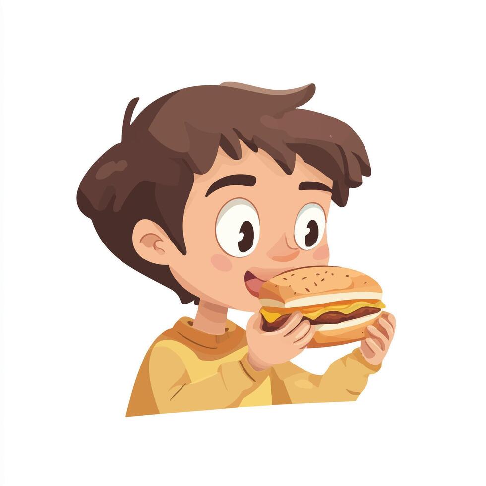 Boy eating hamburger, cartoon character illustration vector