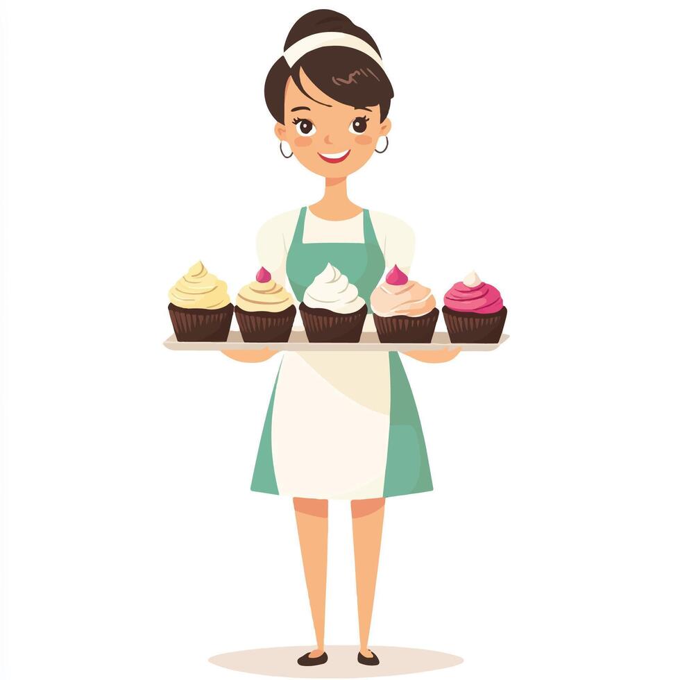 A woman in apron holding a tray of cupcakes vector