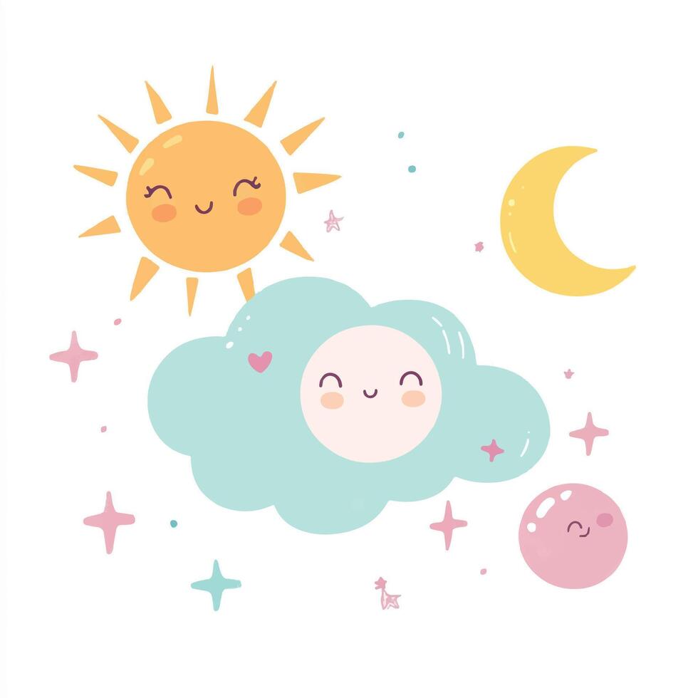 Cute cartoon sun and moon with clouds and stars vector