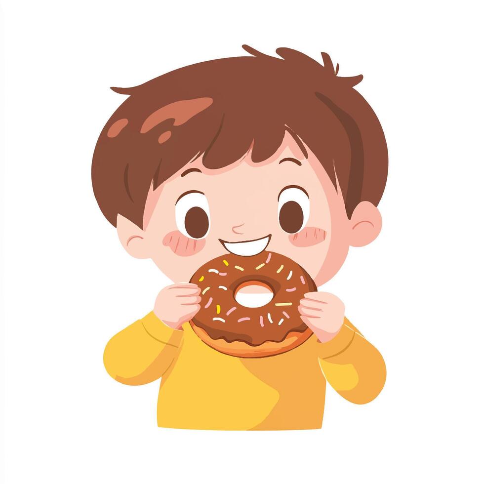 A boy eating a donut with a smile vector