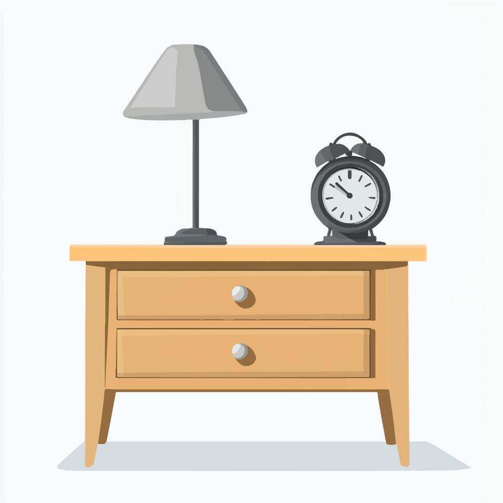 A wooden nightstand with a lamp and a clock vector