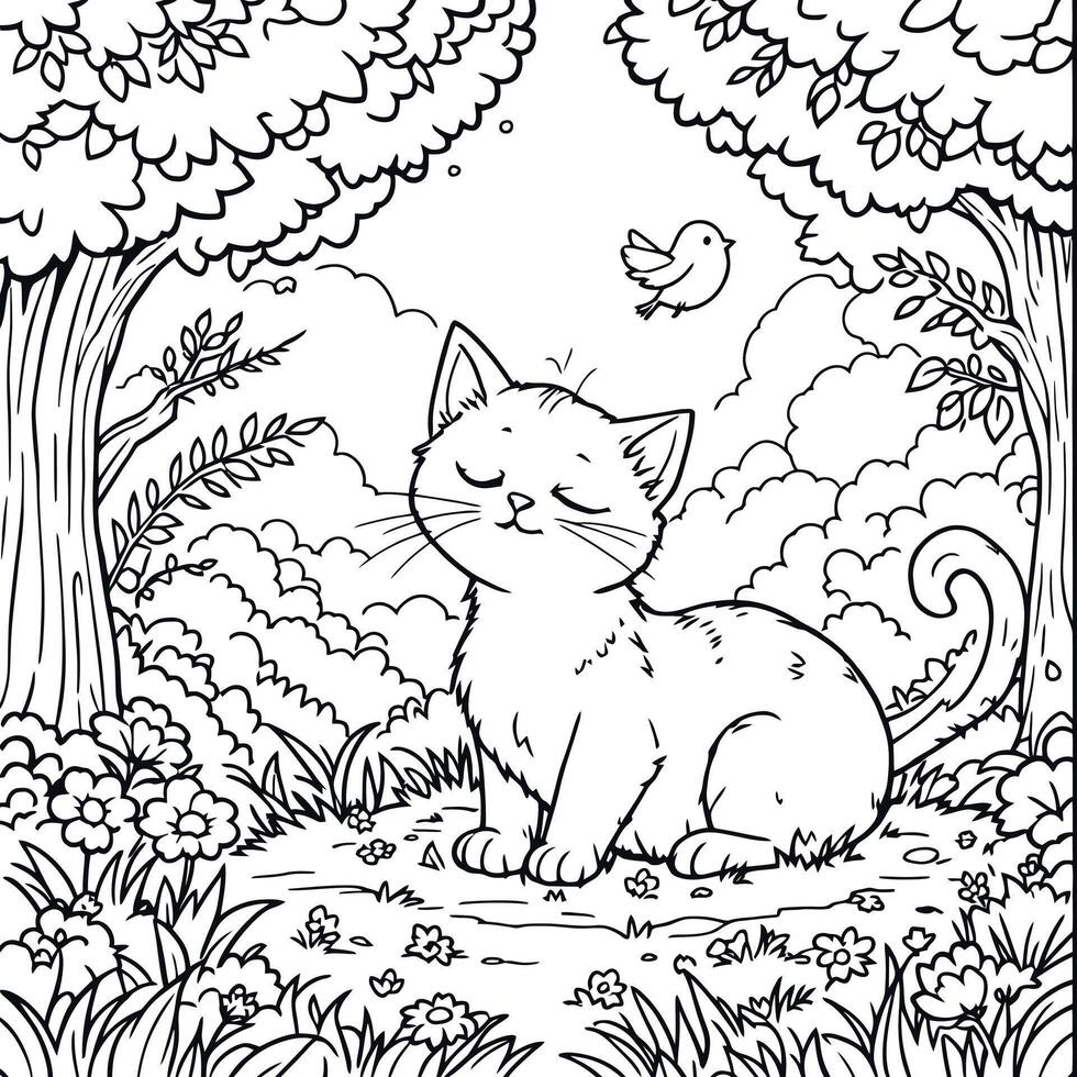 Cute Kitten Enjoys Sunny Day in Nature Coloring Page for Stress Relief and Relaxation vector