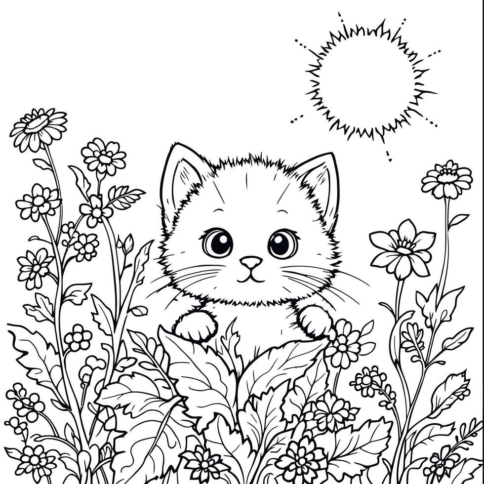 Cute Kitten In Wildflowers Illustration Coloring Page for Kids and Adults Enjoying Summer vector