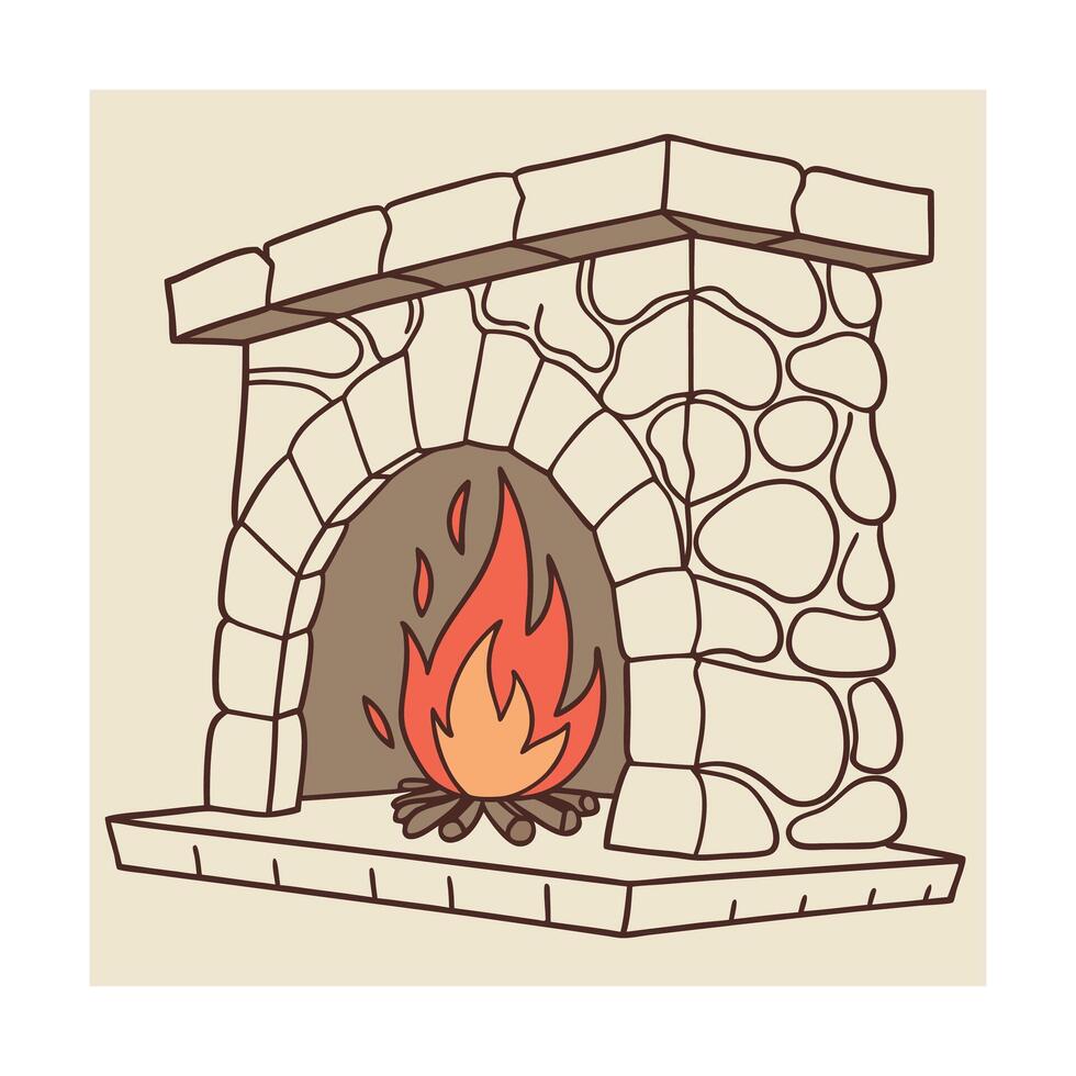 Cozy Stone Fireplace with Burning Fire, Warmth, Home, Comfort vector