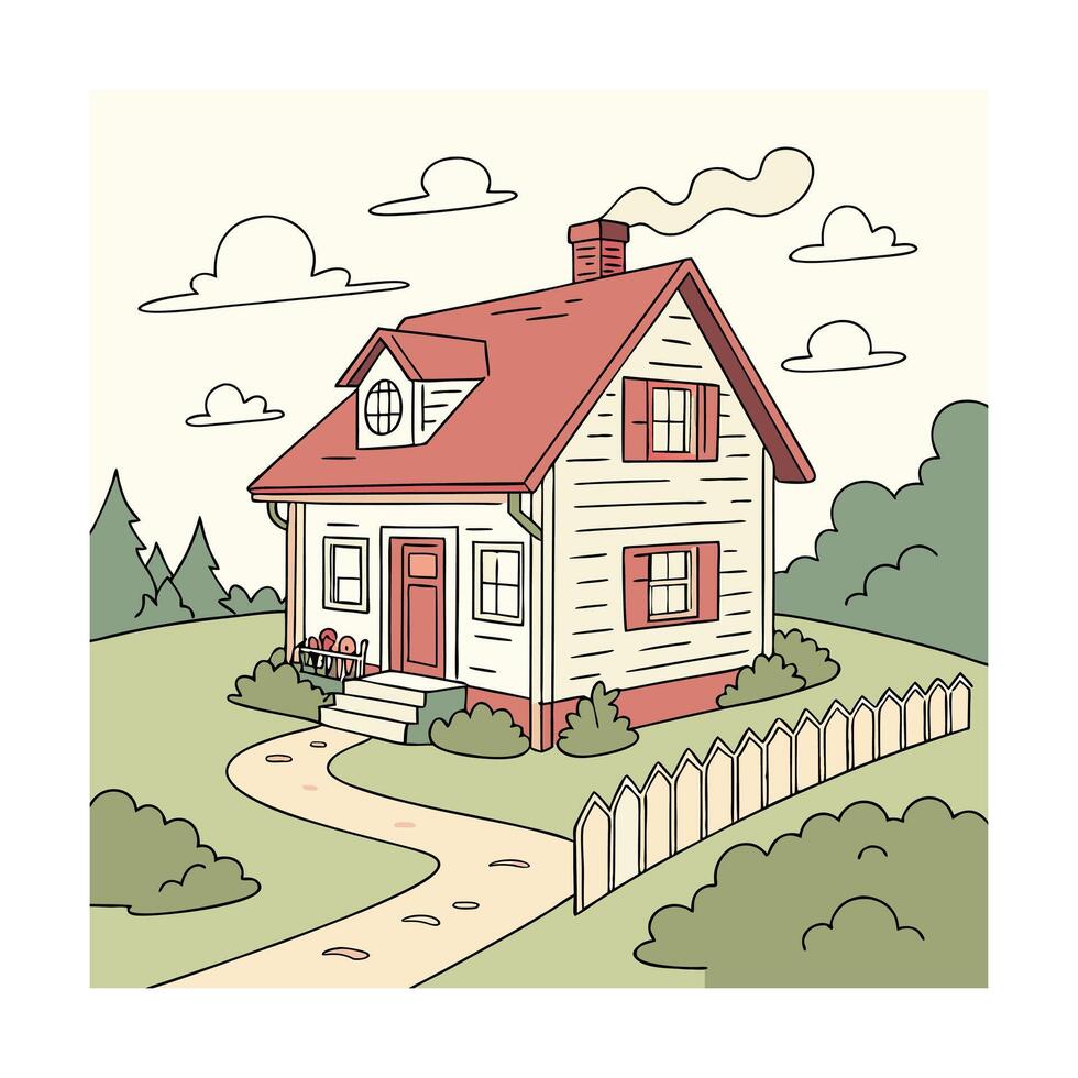 Charming Suburban House Illustration Red Roof, White Walls, Cozy Garden vector