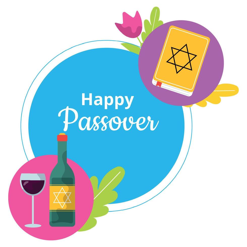 Happy Passover Jewish round frame with wine vector