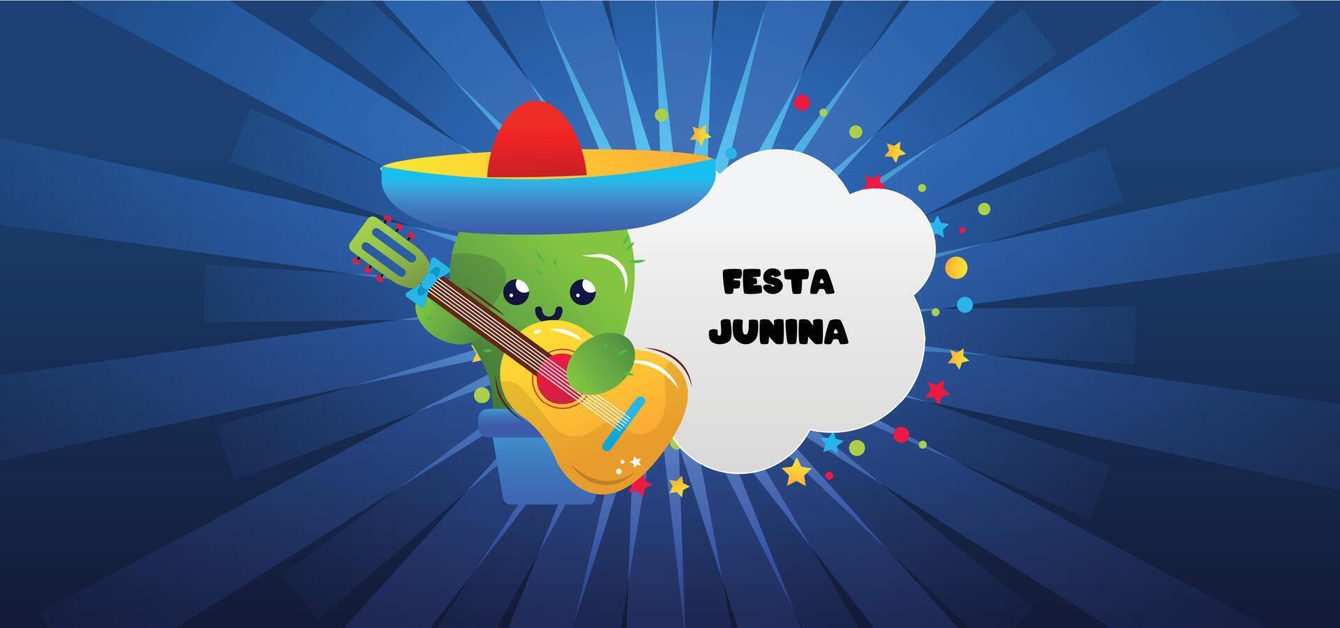 festa junina cartoon illustration with cactus and rays vector