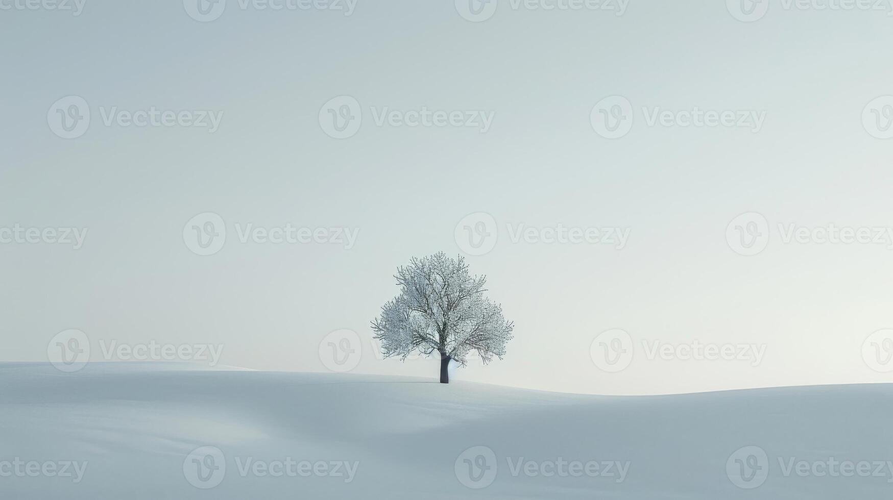 A lone tree stands in the middle of a snowy field photo
