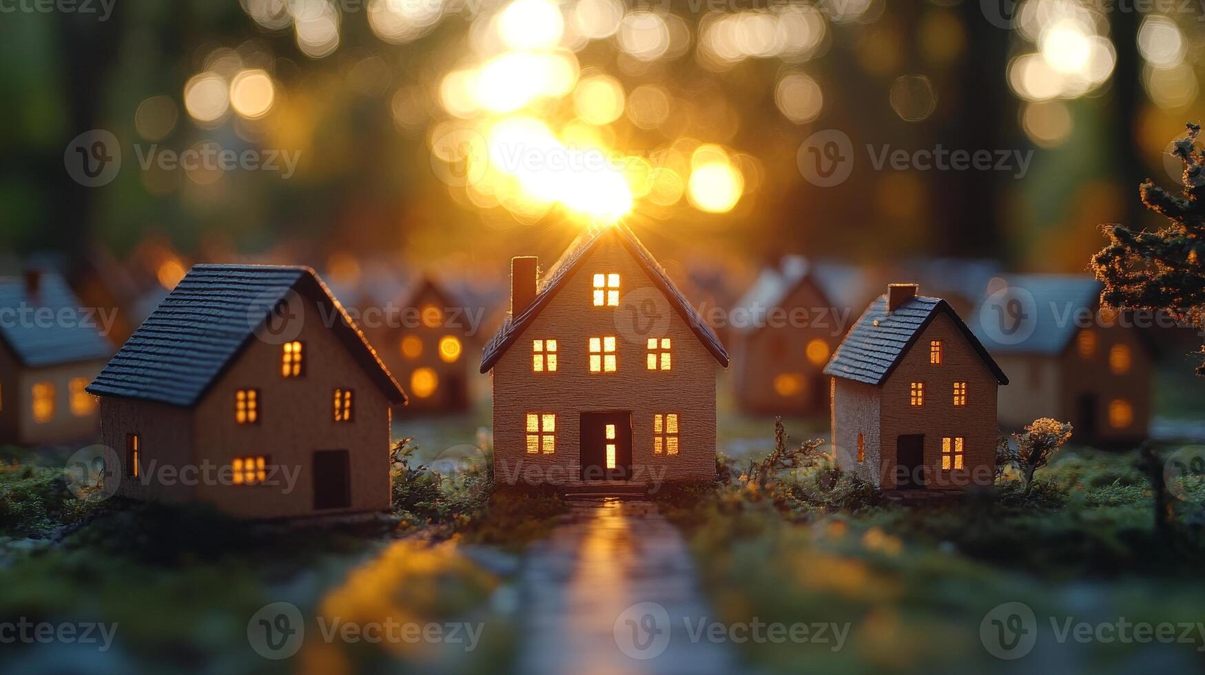 Small houses in the middle of a forest at sunset photo
