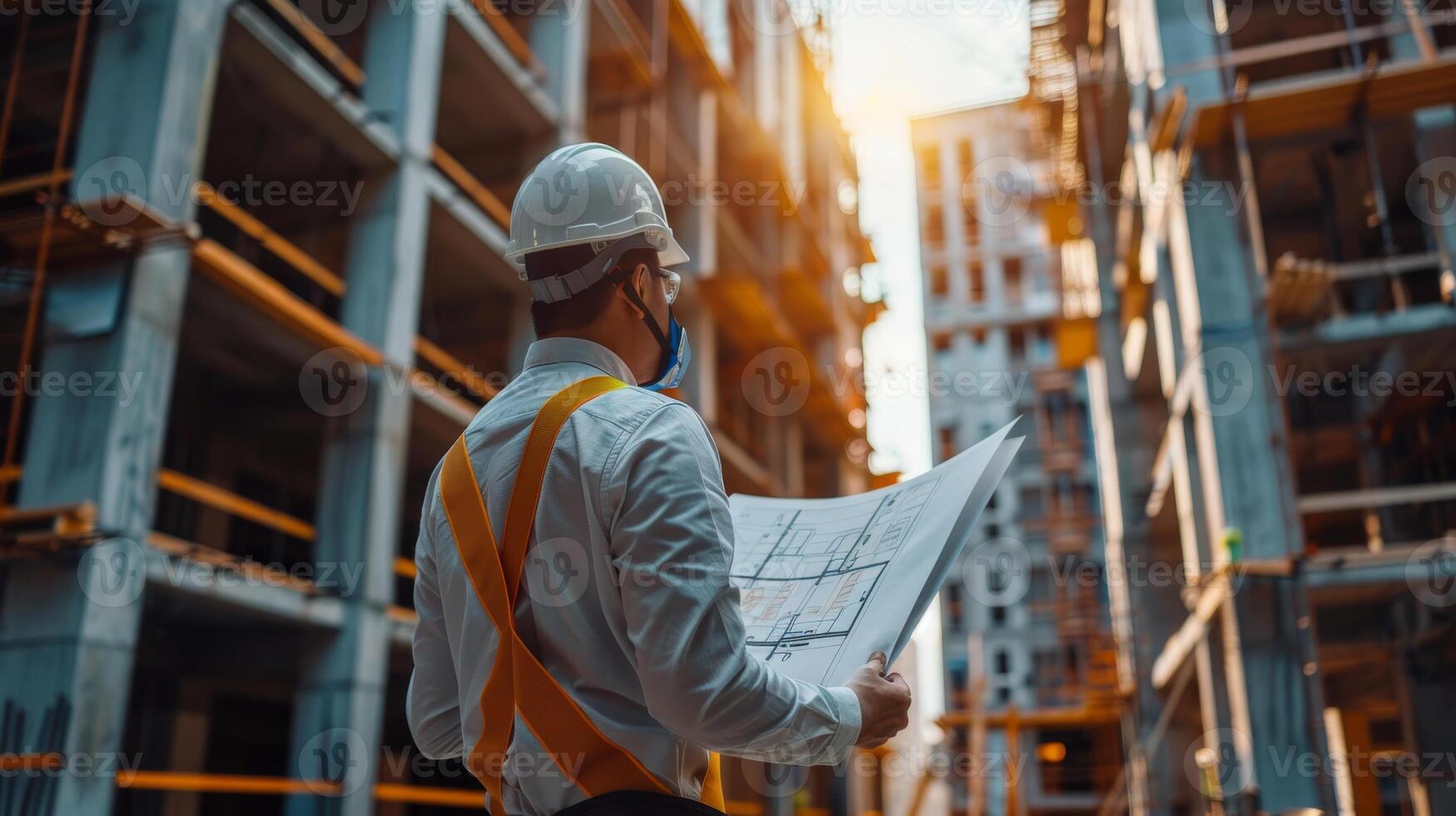 A man in a hard hat and safety glasses is standing in front of a building site photo