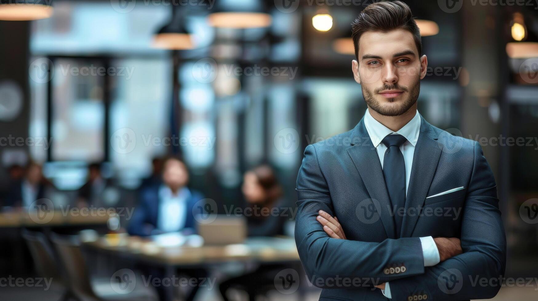 A man in a suit standing in front of a group of people photo