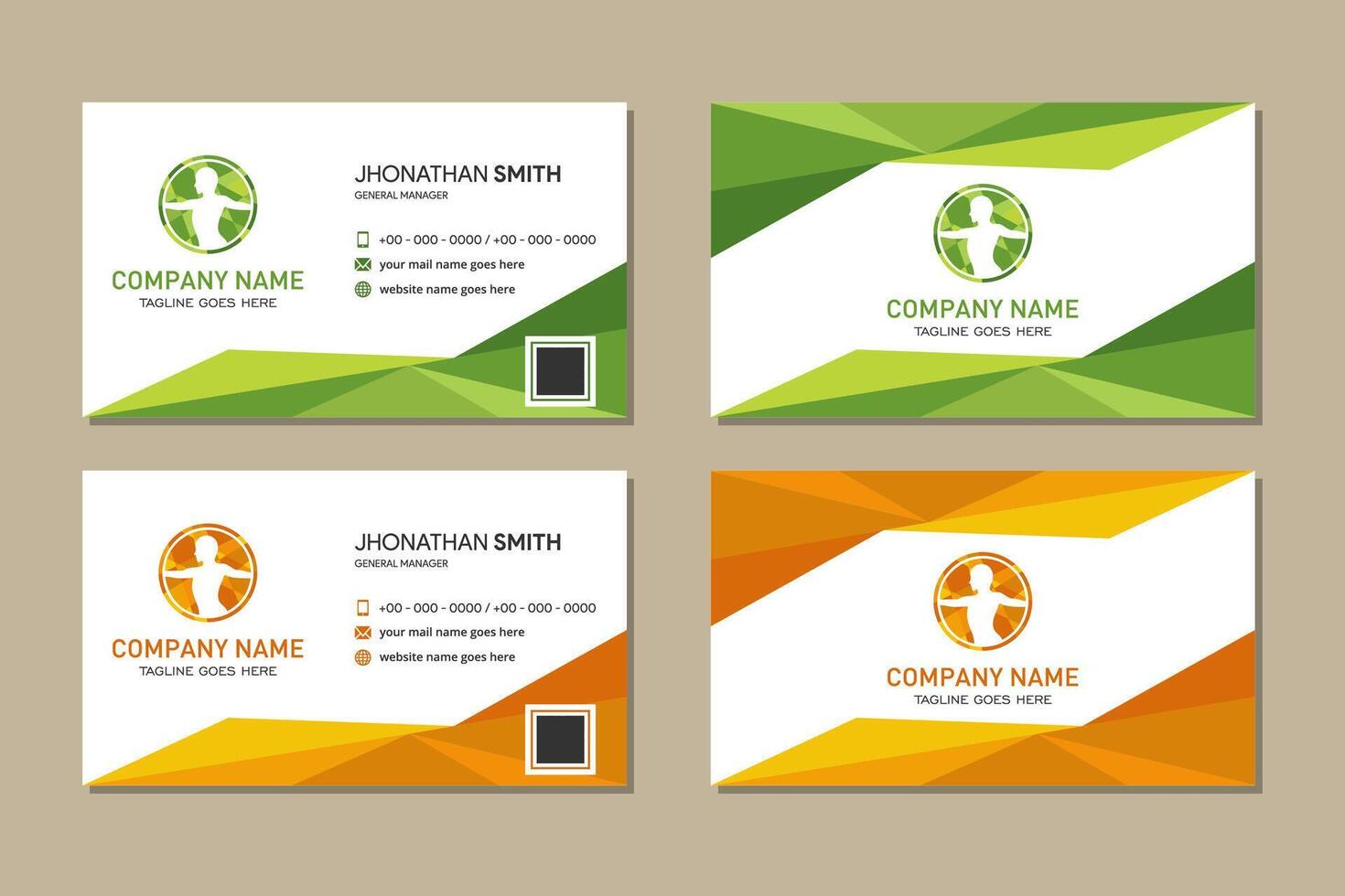 collection of green and yellow polygonal business card template with horizontal layout design vector