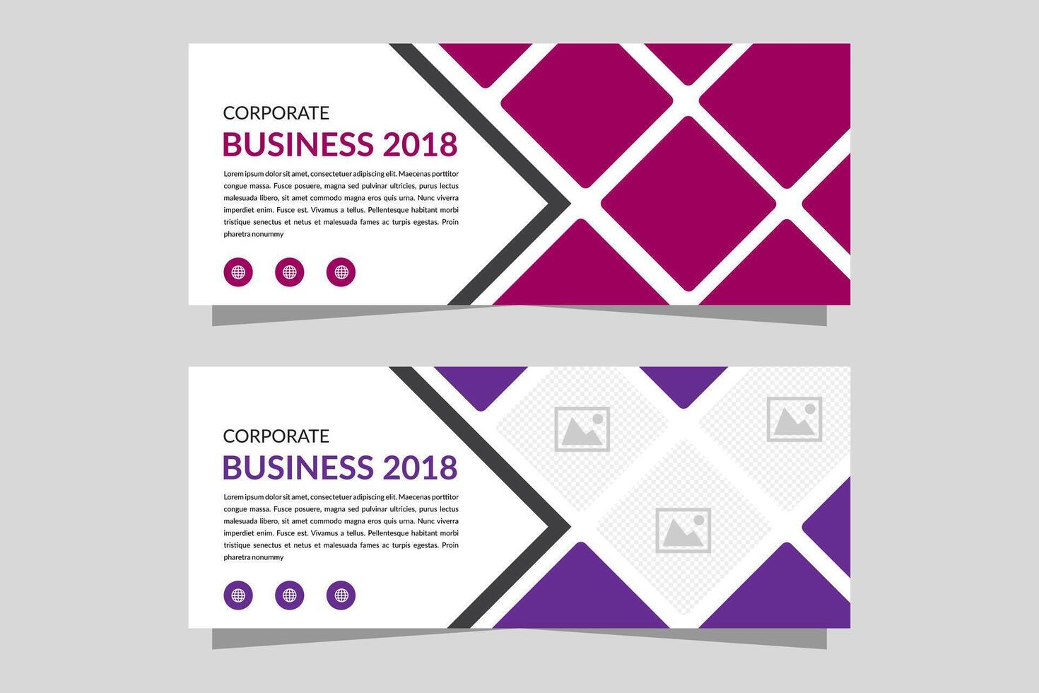 banner set presentation of bright colorful design with purple and pink elements, place for photo, for social media ad, website page. Horizontal flyer template with abstract shape on background vector