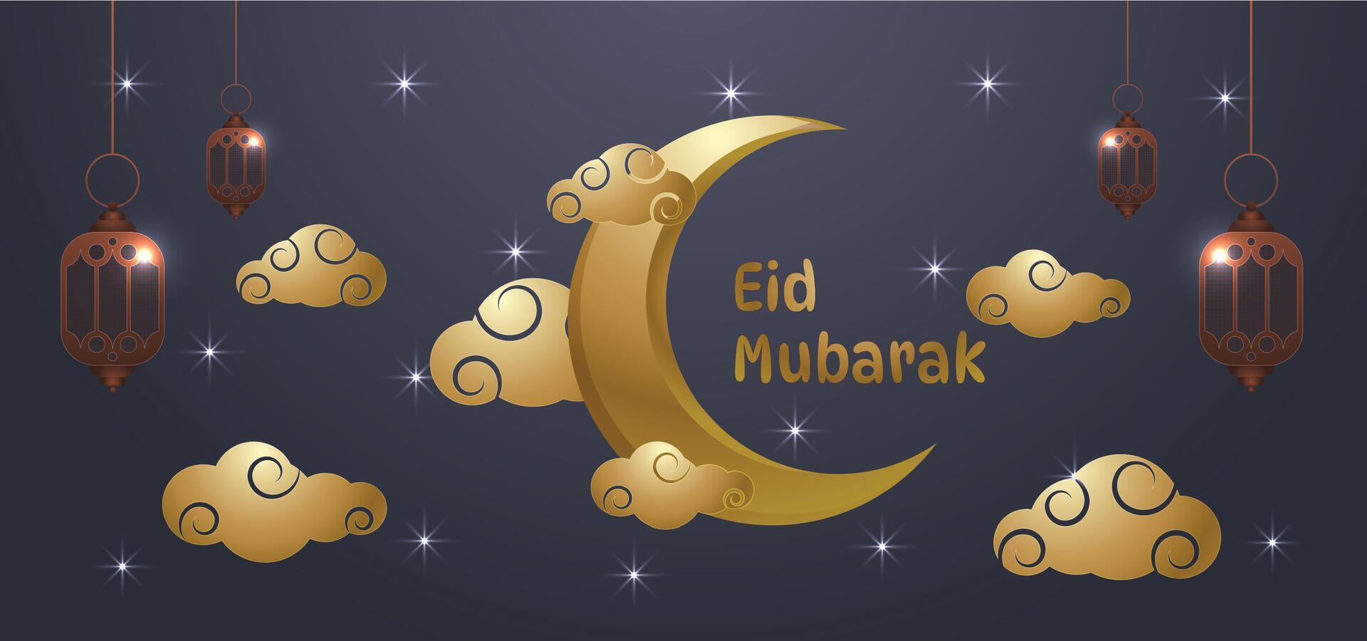 golden crescent eid mubarak background vector