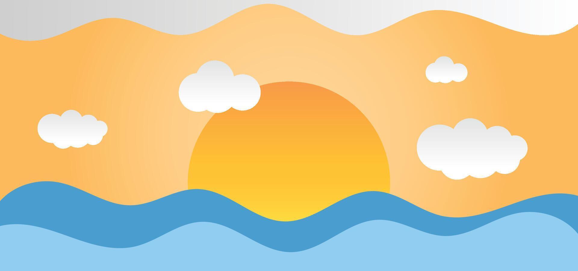 paper cut sunset with cloud and wave vector
