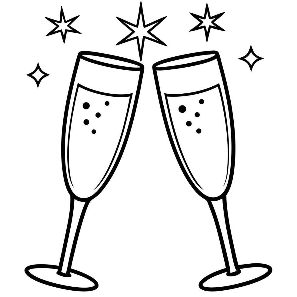 Two champagne glasses clinking in celebration with sparkling stars and festive bubbles vector