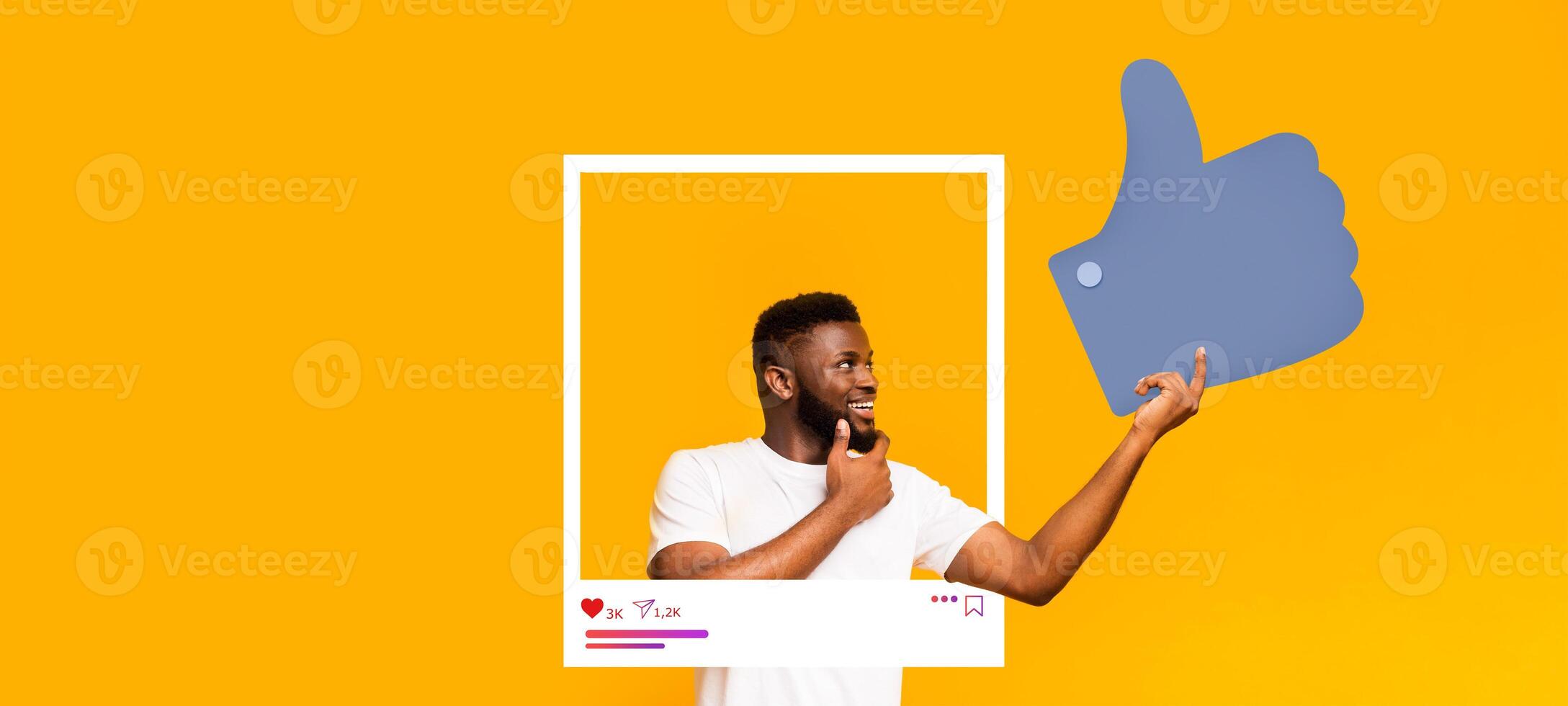 An enthusiastic social media influencer poses with a thumbs up against a bright yellow background. The cool design incorporates a frame, emphasizing online interaction and content creation. photo