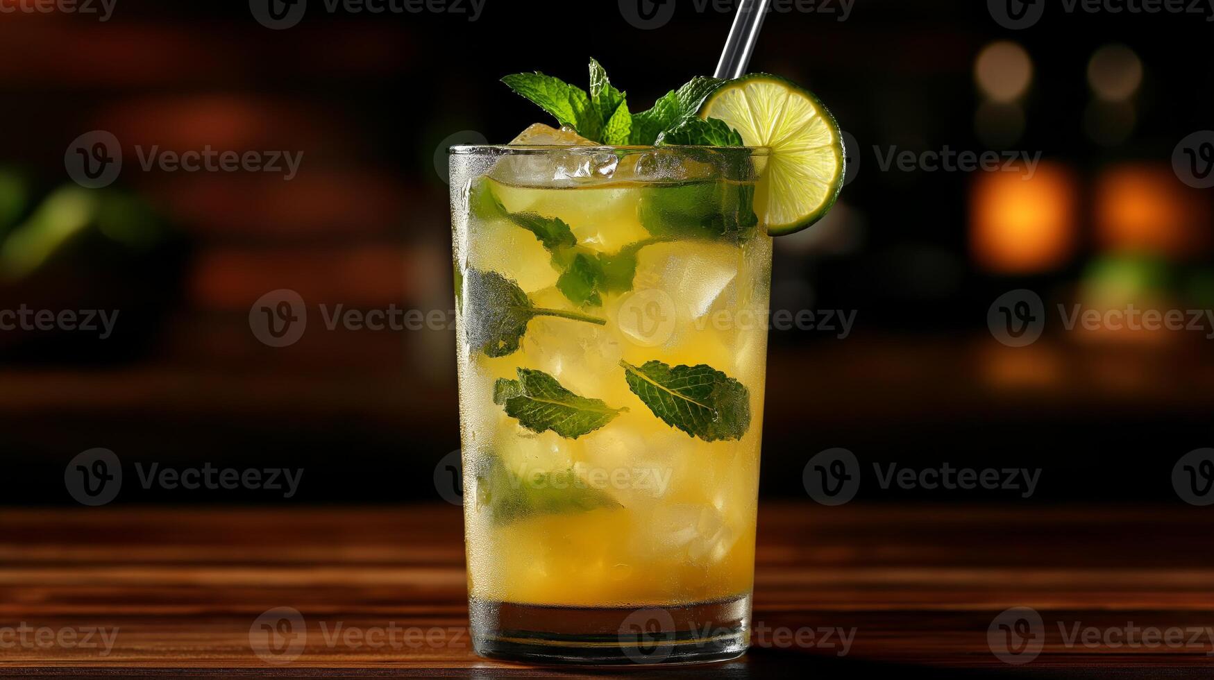 A colorful mojito made with fresh mint, citrus lime, and ice is ready to be enjoyed at a bar. photo