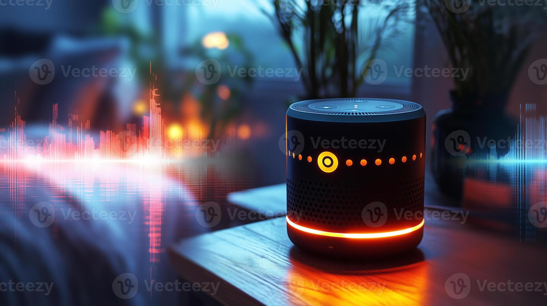 A smart assistant device sits on a wooden table, emitting vibrant sound graphics. Warm light from nearby plants adds to the cozy ambiance, creating a tech-friendly atmosphere. photo