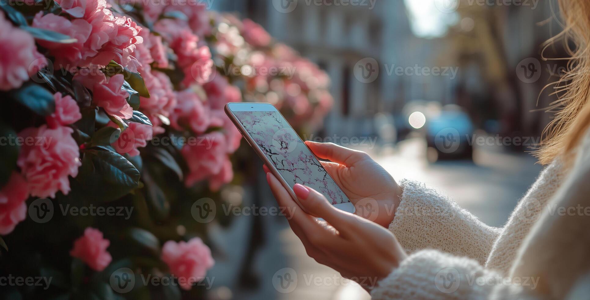 A senior individual engages with a smartphone displaying a graphics interface, surrounded by blooming pink flowers on a sunny day. photo