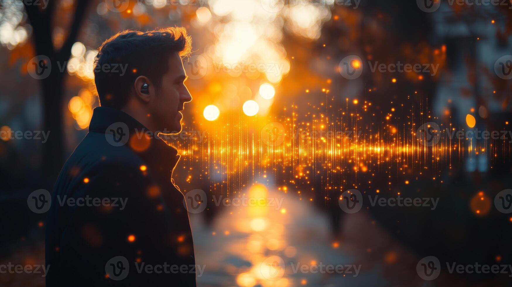 A man stands in profile while enjoying a serene sunset, sound waves visualized around him. The atmosphere is tranquil, highlighting the integration of voice control technology with nature. photo