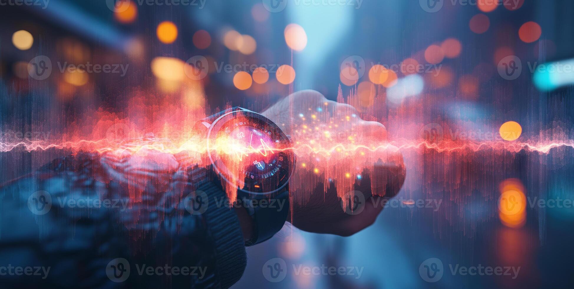 A man is using a smart watch in an urban setting during a rainy evening. Colorful sound wave graphics appear around his wrist, showcasing the integration of sound control with modern technology. photo