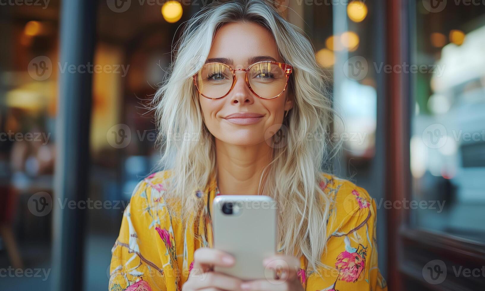 A young adult with long blonde hair and glasses smiles while holding a smartphone. The outdoor cafe is lively, with people in the background and bright sunlight enhancing the cheerful atmosphere. photo