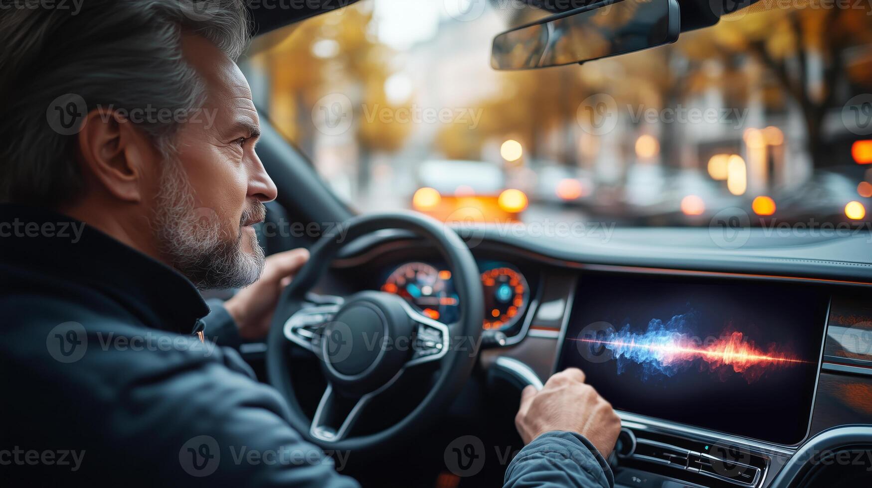A driver engages with an advanced voice control system in a sleek car during sunset. The urban backdrop features blurred city lights, highlighting the vehicle's sophisticated technology and design. photo