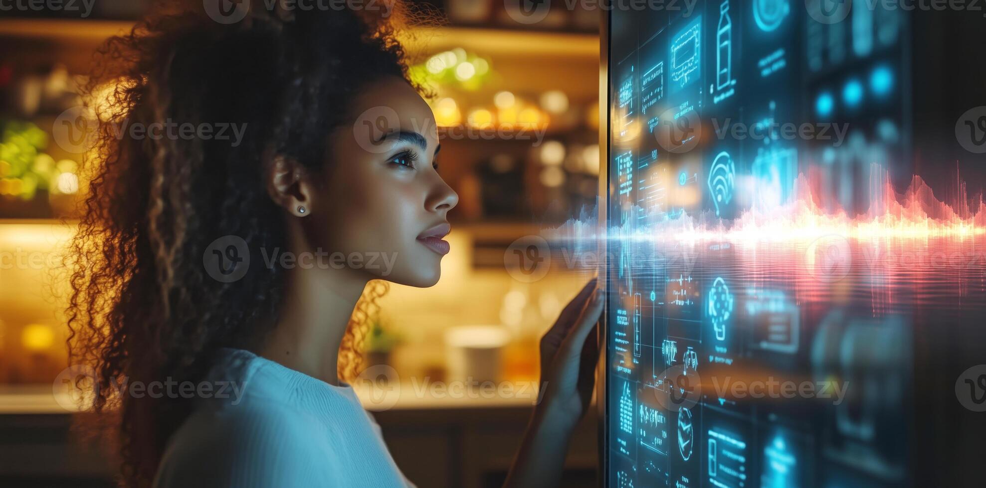 A young woman interacts with a digital interface displaying sound waves and graphics in a stylish kitchen. photo