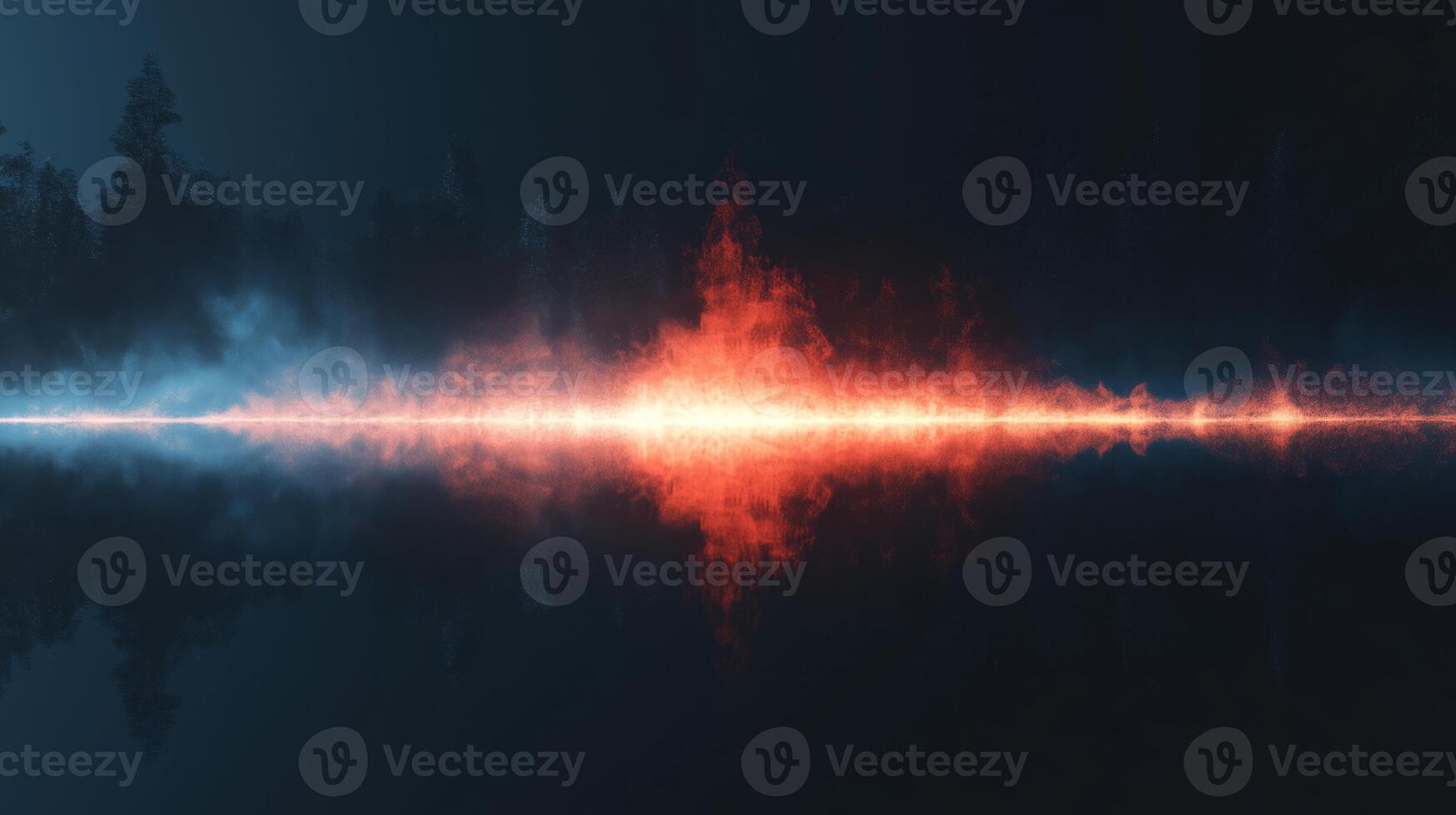 Sound waves depicted as vibrant colors ripple across a calm lake. The tranquil setting shows a balance between nature and the graphical representation of audio, blending technology with serenity. photo