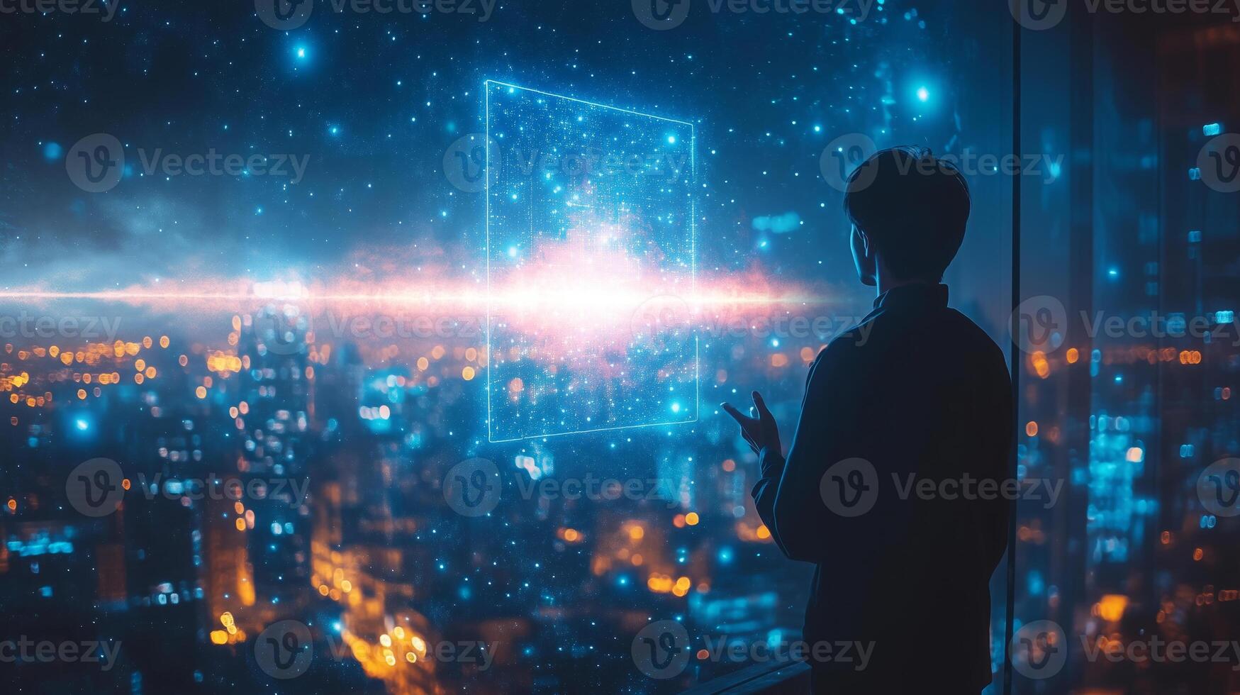 A person stands by a large window overlooking a city skyline at night. They interact with a holographic interface displaying vibrant graphics and sound elements, suggesting advanced technology. photo